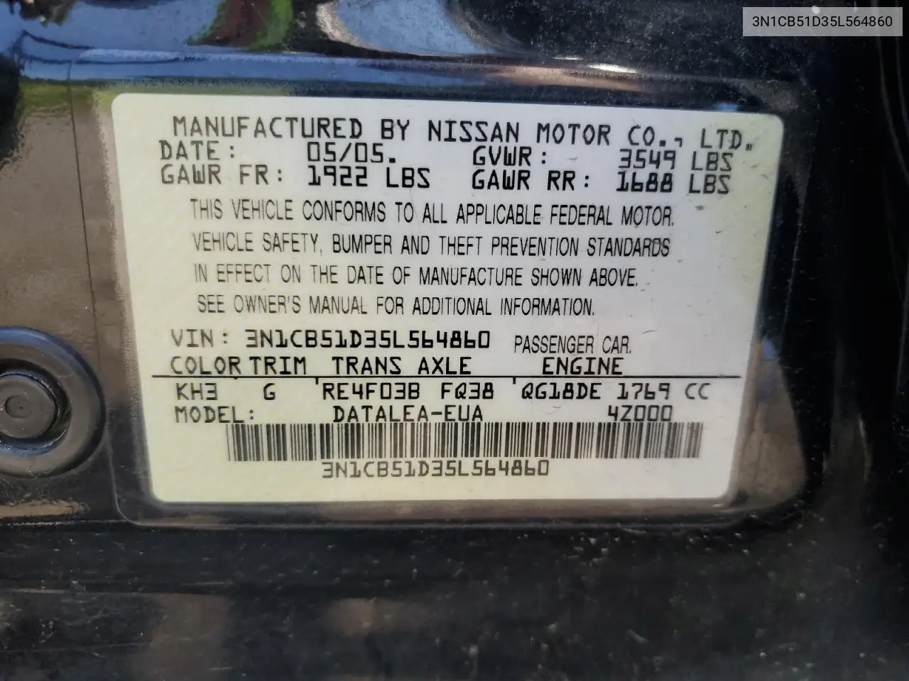 2005 Nissan Sentra 1.8 VIN: 3N1CB51D35L564860 Lot: 61165435