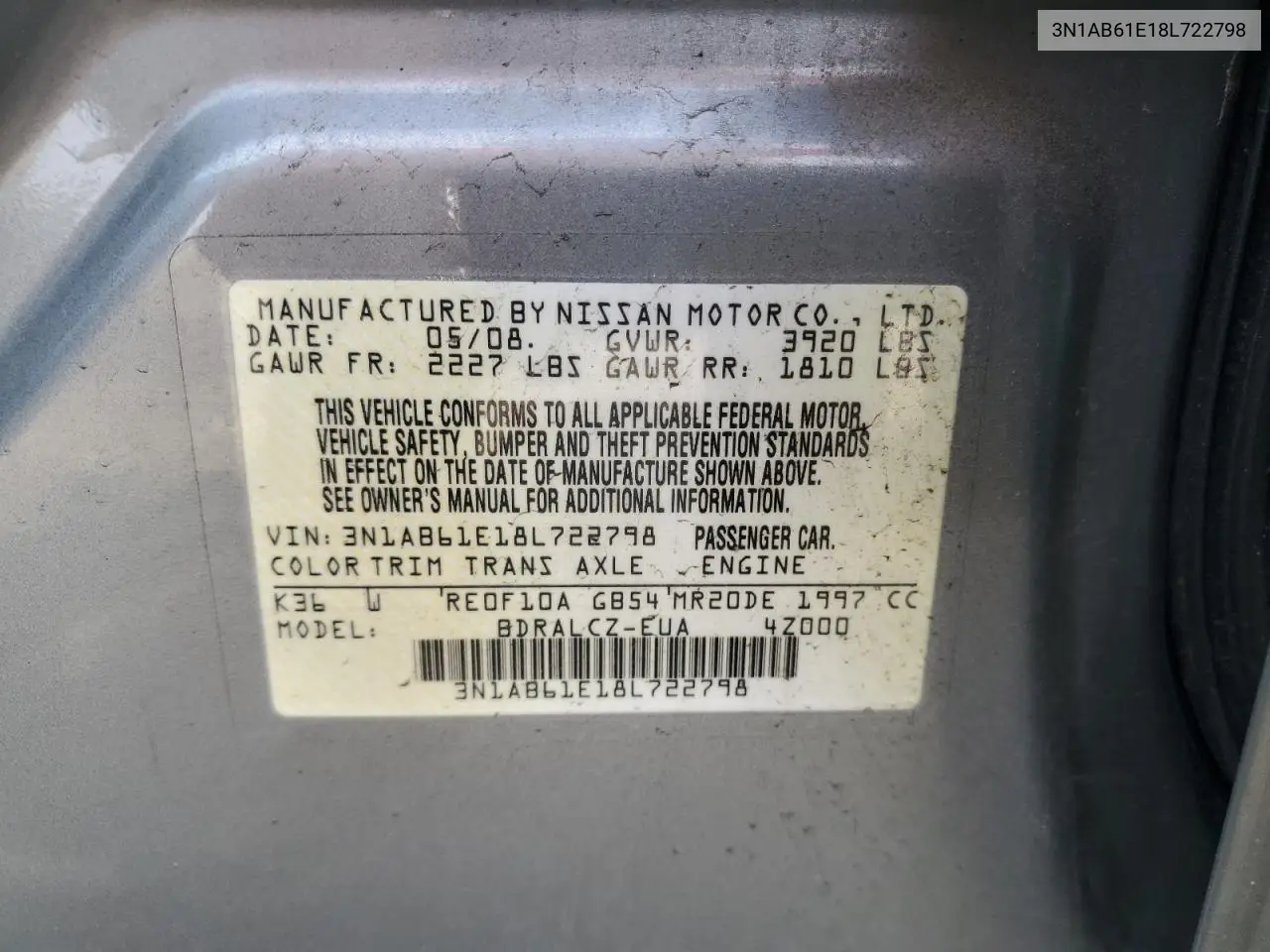 2008 Nissan Sentra 2.0 VIN: 3N1AB61E18L722798 Lot: 53186495