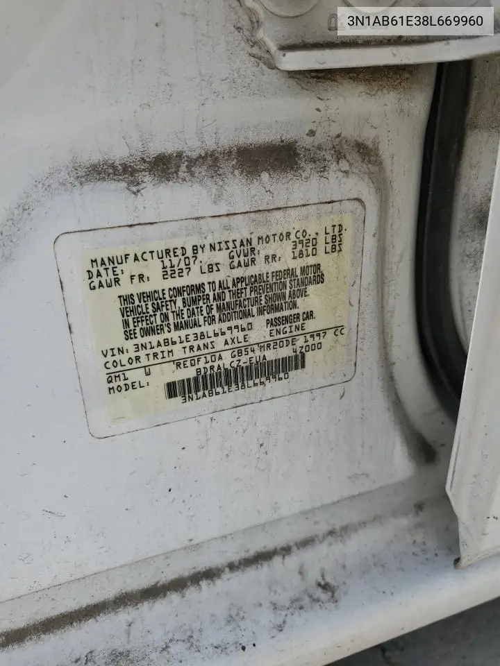 2008 Nissan Sentra 2.0 VIN: 3N1AB61E38L669960 Lot: 62558895