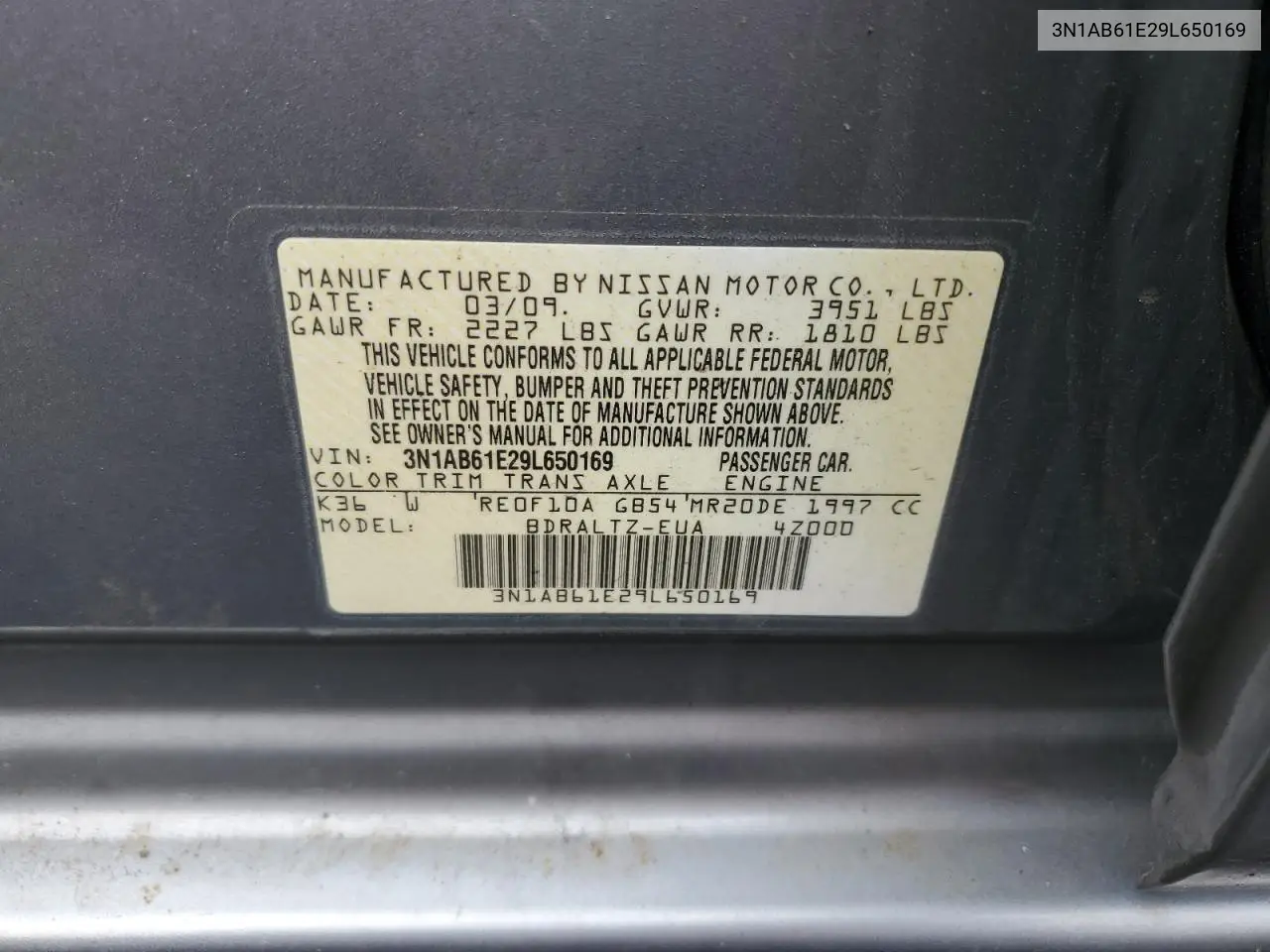 2009 Nissan Sentra 2.0 VIN: 3N1AB61E29L650169 Lot: 56561185