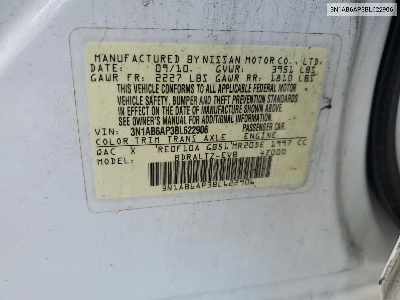 2011 Nissan Sentra 2.0 VIN: 3N1AB6AP3BL622906 Lot: 56622305