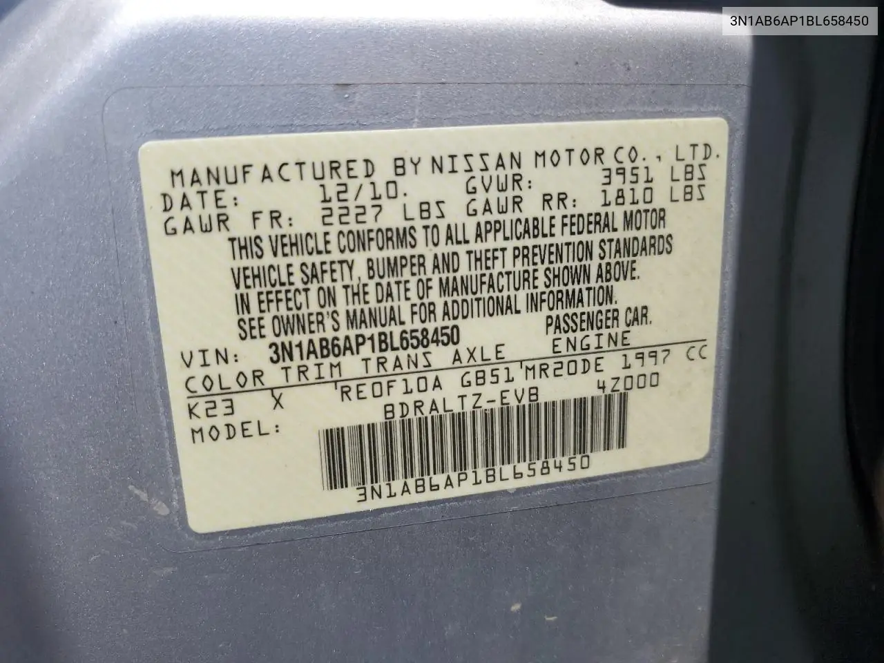 2011 Nissan Sentra 2.0 VIN: 3N1AB6AP1BL658450 Lot: 60906635