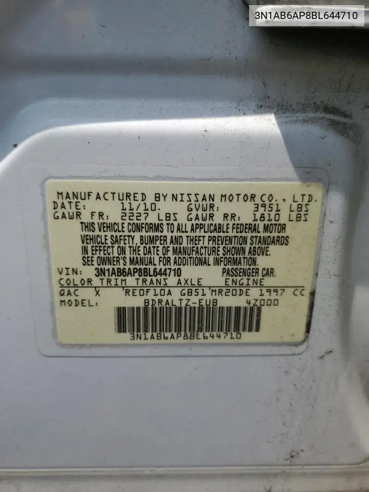 2011 Nissan Sentra 2.0 VIN: 3N1AB6AP8BL644710 Lot: 62677405