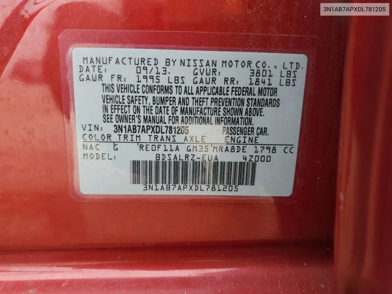 2013 Nissan Sentra S VIN: 3N1AB7APXDL781205 Lot: 60507475
