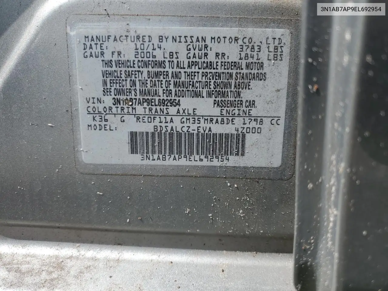 2014 Nissan Sentra S VIN: 3N1AB7AP9EL692954 Lot: 60217305