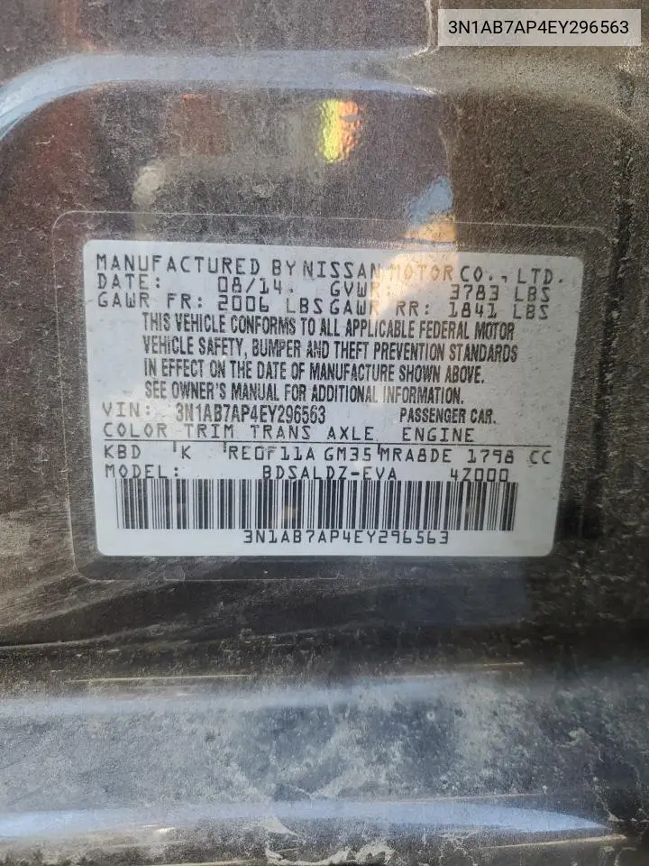 2014 Nissan Sentra S VIN: 3N1AB7AP4EY296563 Lot: 63113745