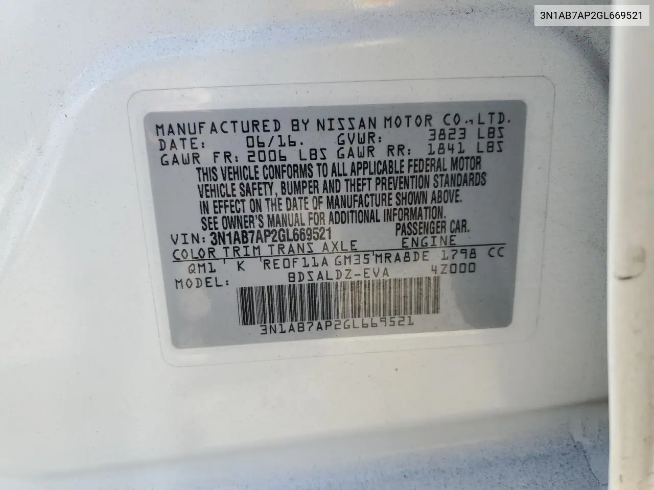 2016 Nissan Sentra S VIN: 3N1AB7AP2GL669521 Lot: 56983455