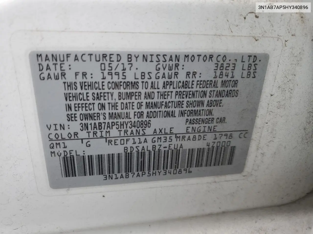 2017 Nissan Sentra S VIN: 3N1AB7AP5HY340896 Lot: 56910575