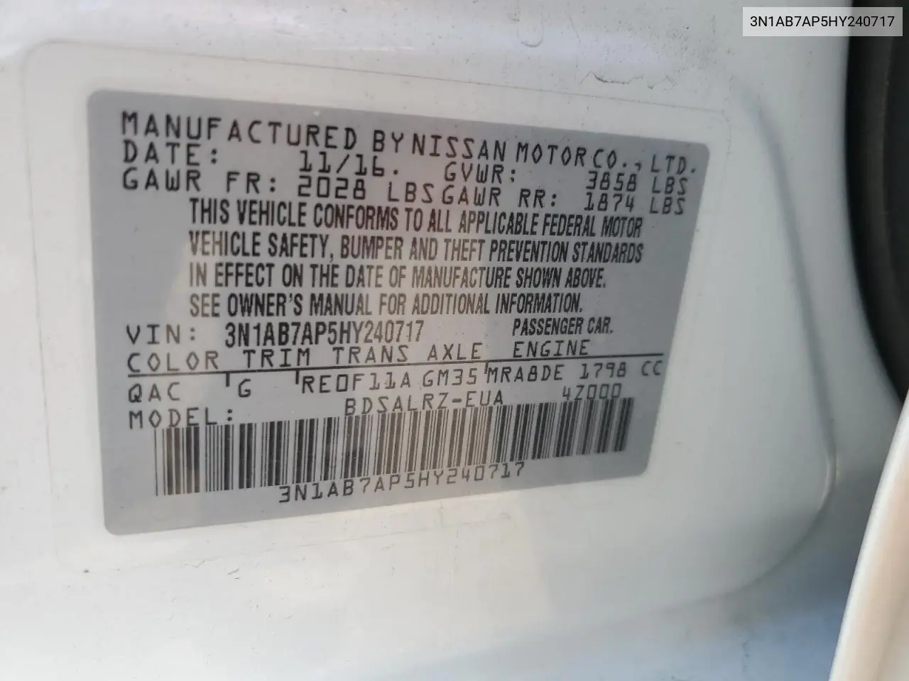 2017 Nissan Sentra S VIN: 3N1AB7AP5HY240717 Lot: 62677955
