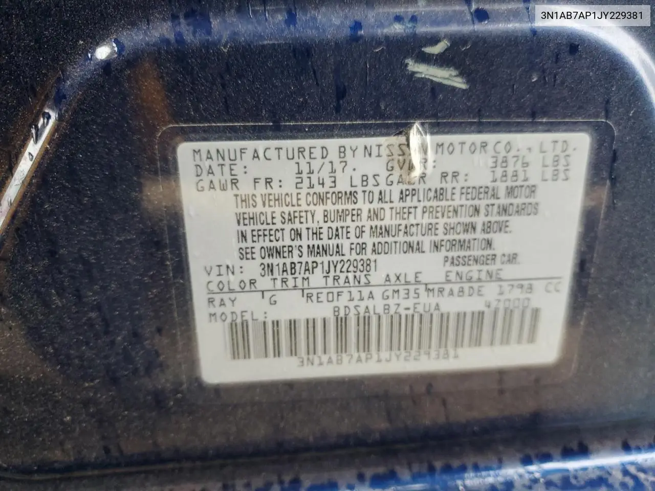 2018 Nissan Sentra S VIN: 3N1AB7AP1JY229381 Lot: 51837733