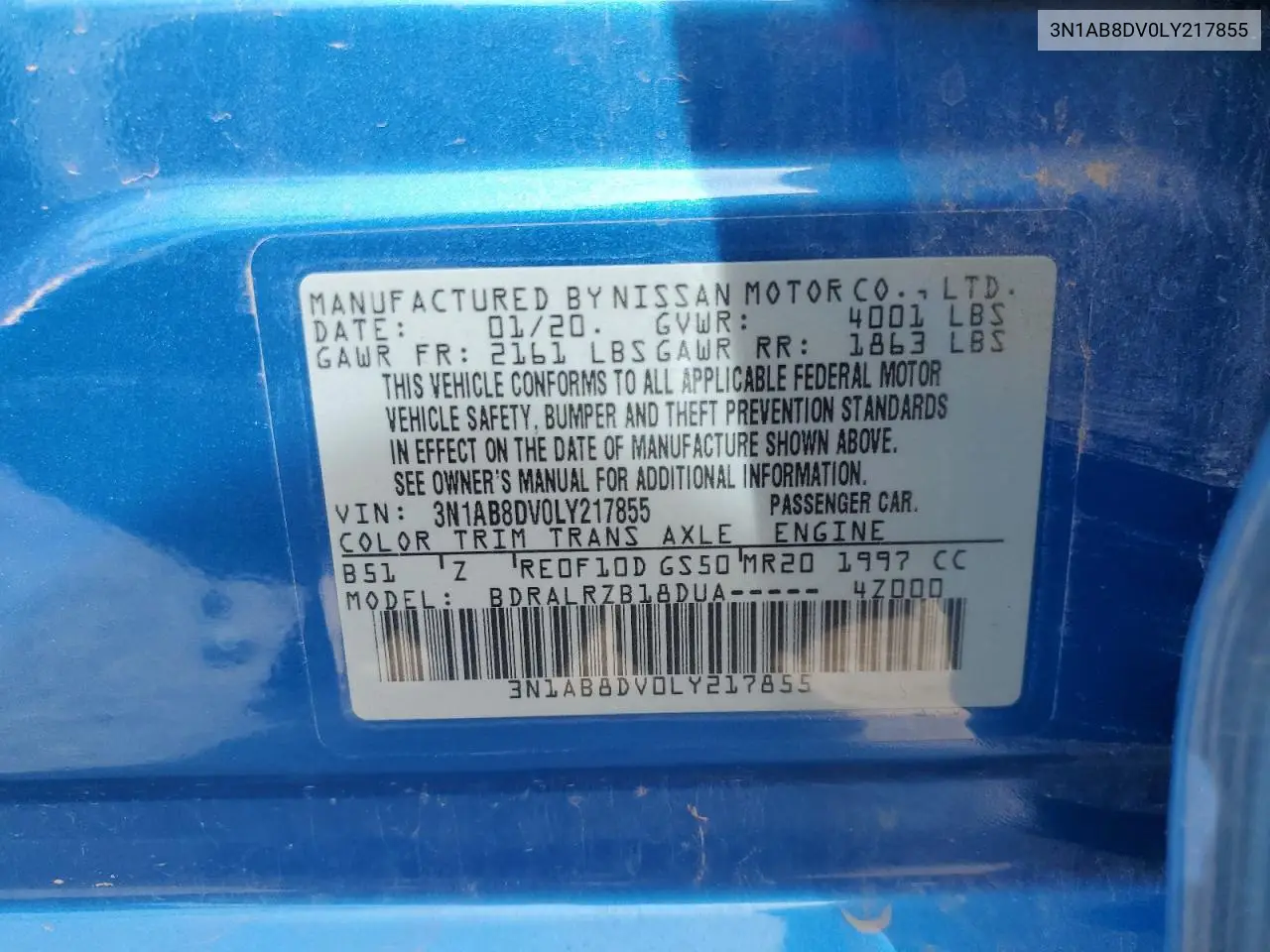 2020 Nissan Sentra Sr VIN: 3N1AB8DV0LY217855 Lot: 57256895