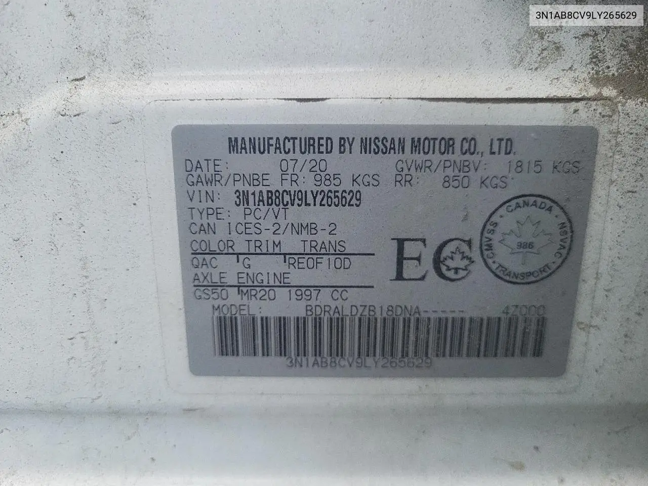 2020 Nissan Sentra Sv VIN: 3N1AB8CV9LY265629 Lot: 61812375