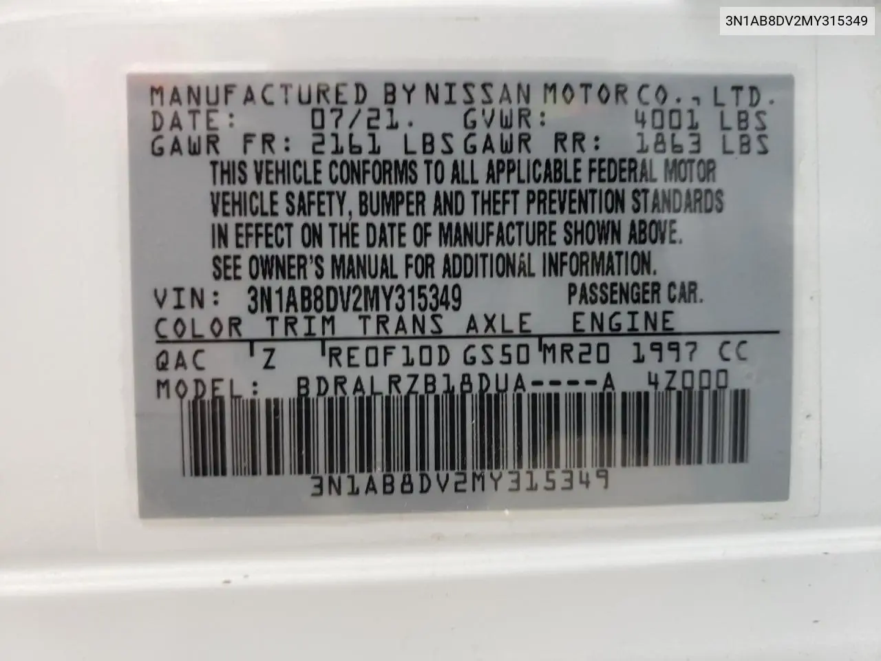 2021 Nissan Sentra Sr VIN: 3N1AB8DV2MY315349 Lot: 63336185
