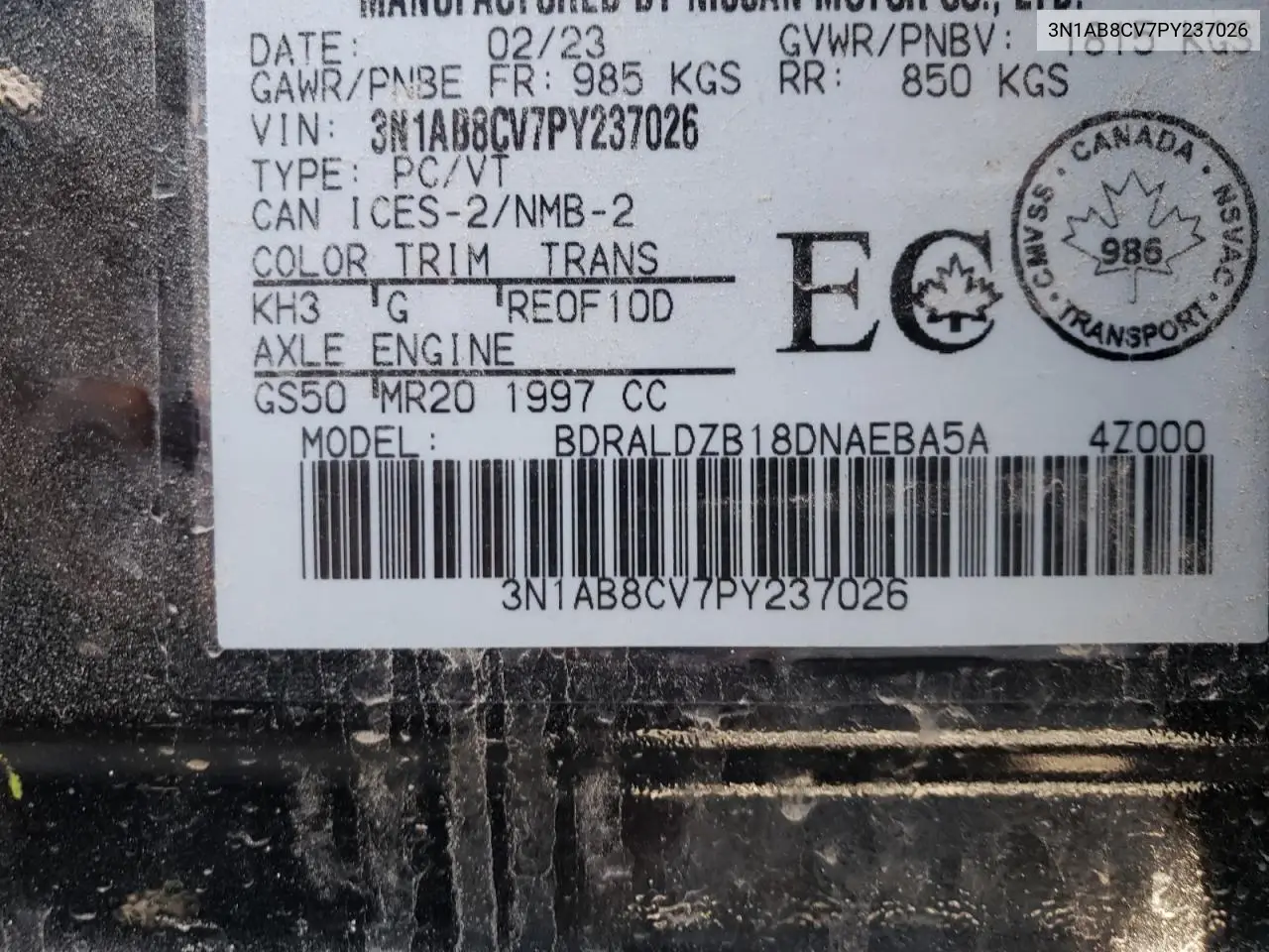 2023 Nissan Sentra Sv VIN: 3N1AB8CV7PY237026 Lot: 56314915