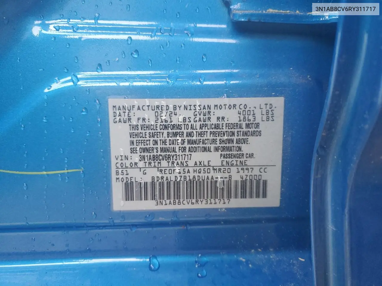 2024 Nissan Sentra Sv VIN: 3N1AB8CV6RY311717 Lot: 57785525