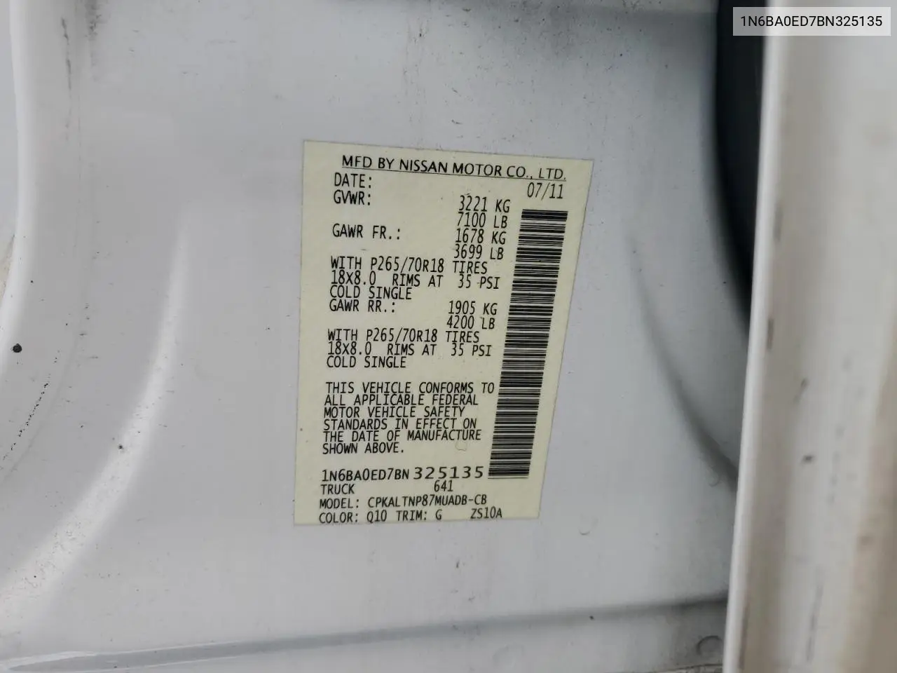2011 Nissan Titan S VIN: 1N6BA0ED7BN325135 Lot: 56690965