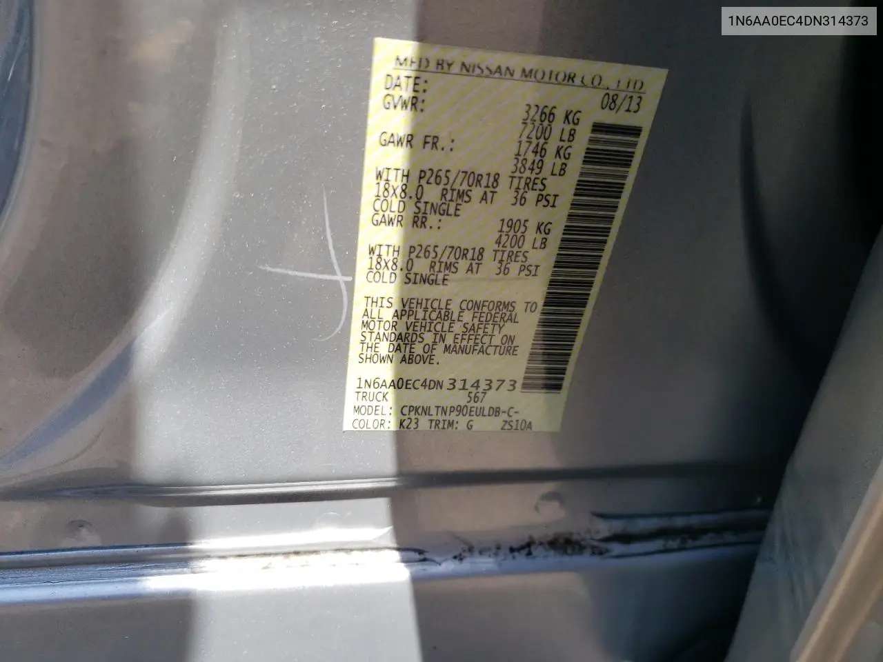 2013 Nissan Titan S VIN: 1N6AA0EC4DN314373 Lot: 56024535
