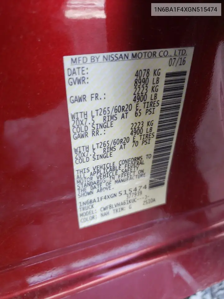 2016 Nissan Titan Xd Sl VIN: 1N6BA1F4XGN515474 Lot: 56683125