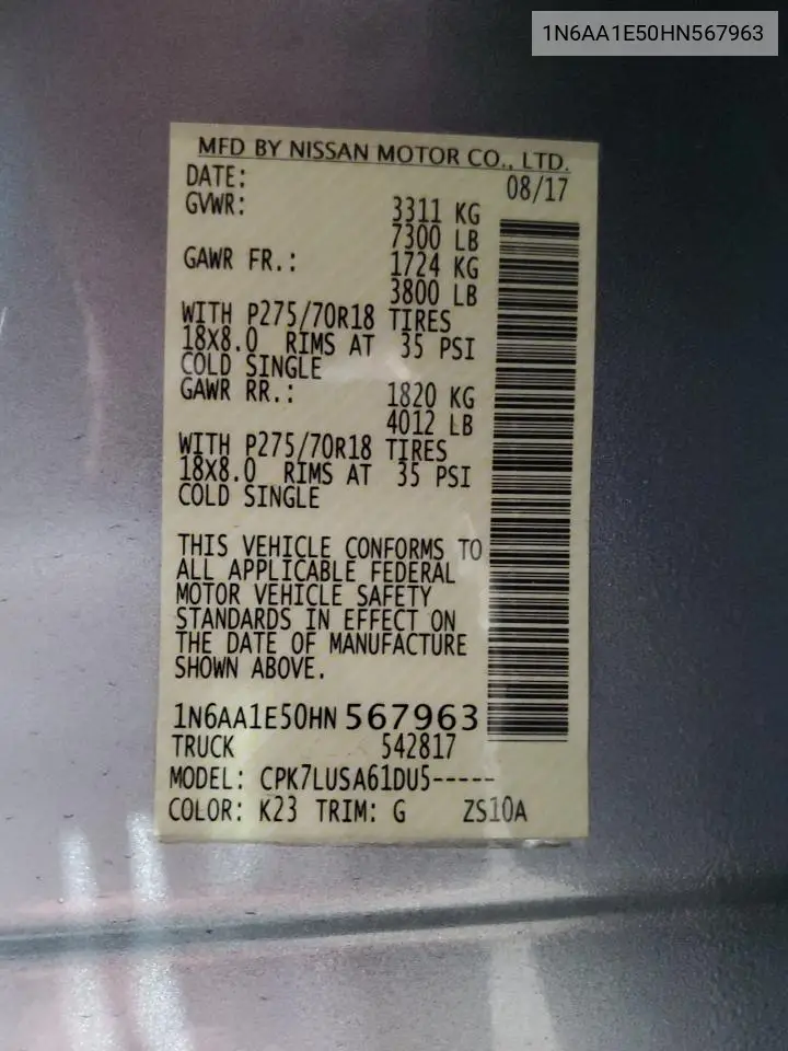 2017 Nissan Titan Sv VIN: 1N6AA1E50HN567963 Lot: 54131825