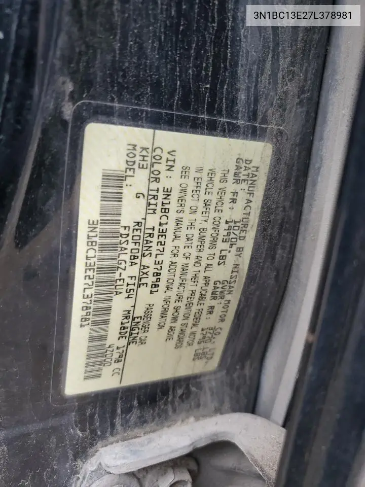 2007 Nissan Versa S VIN: 3N1BC13E27L378981 Lot: 62649345