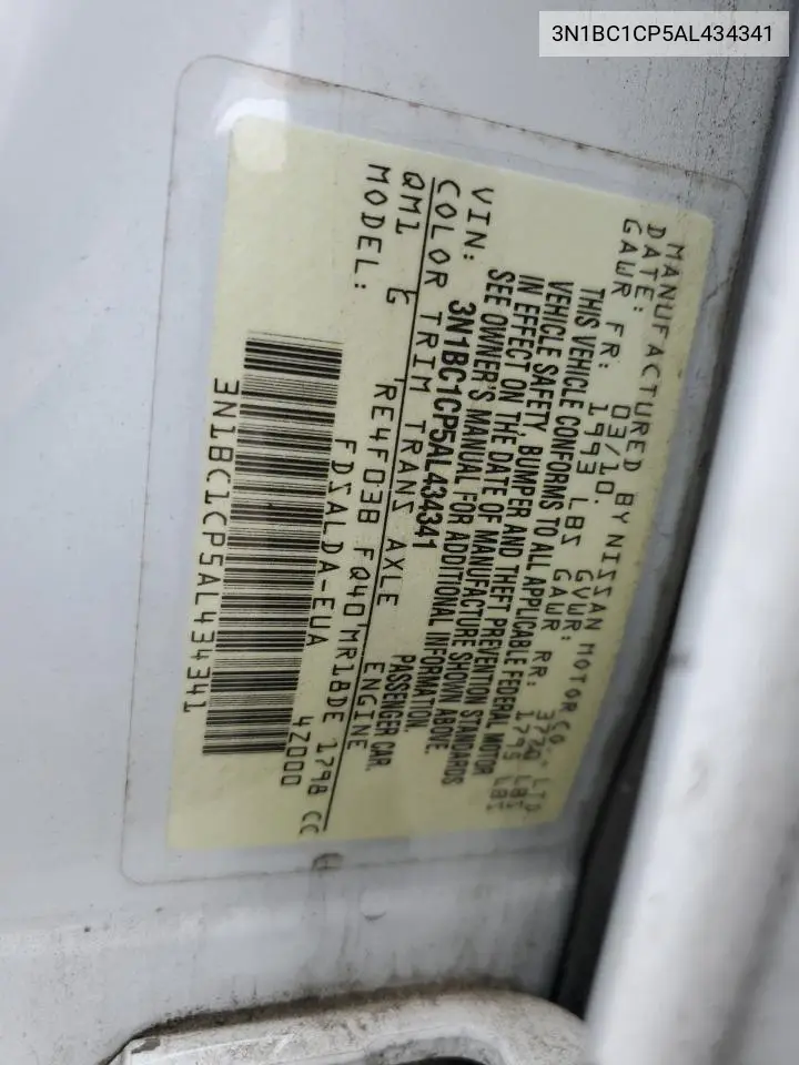 2010 Nissan Versa S VIN: 3N1BC1CP5AL434341 Lot: 56797045