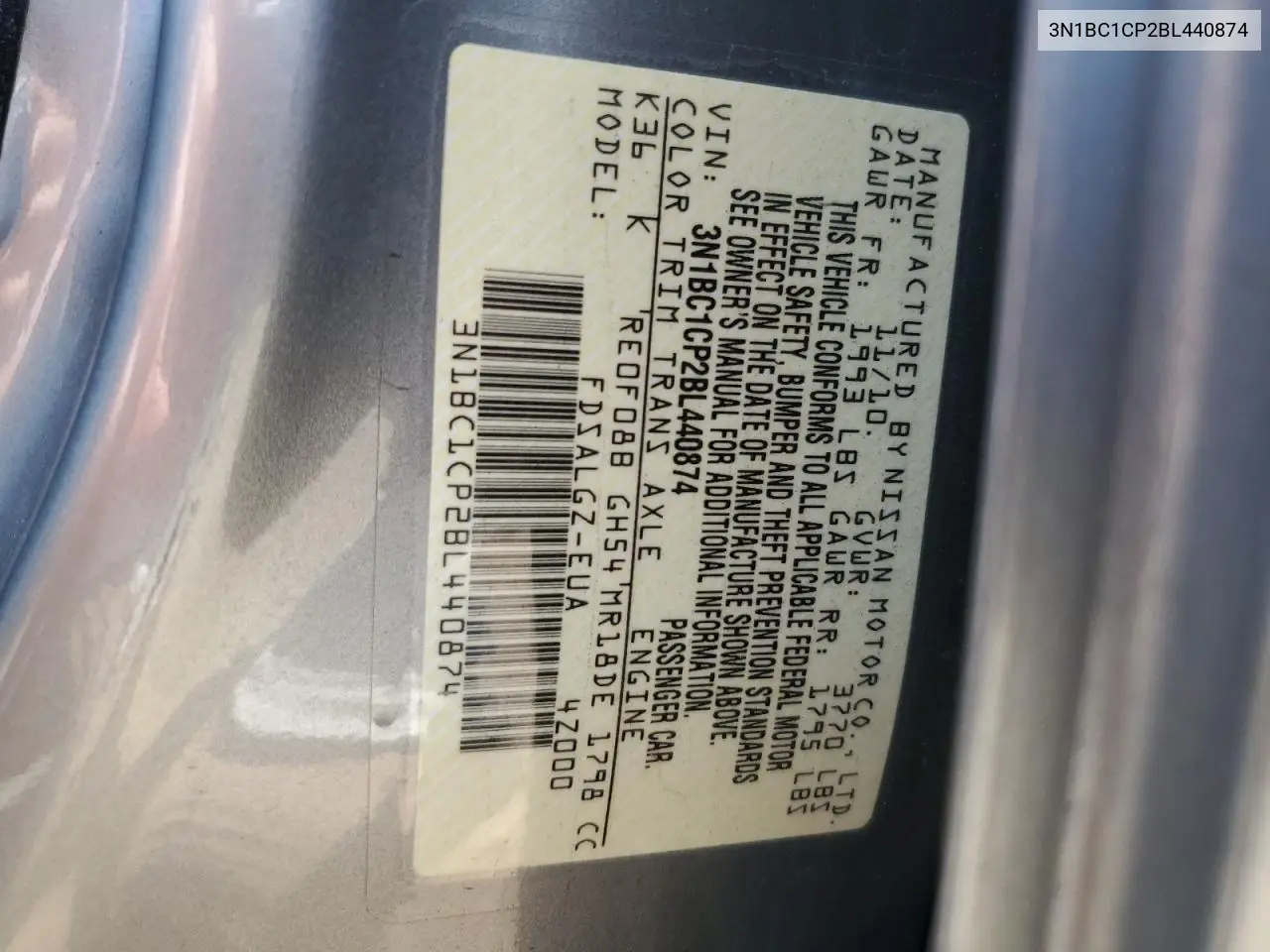 2011 Nissan Versa S VIN: 3N1BC1CP2BL440874 Lot: 62343615