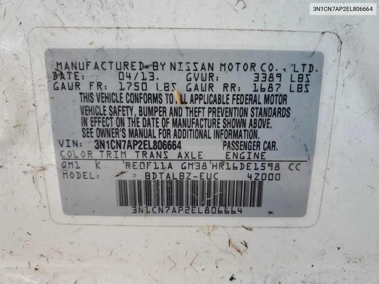 2014 Nissan Versa S VIN: 3N1CN7AP2EL806664 Lot: 62720325