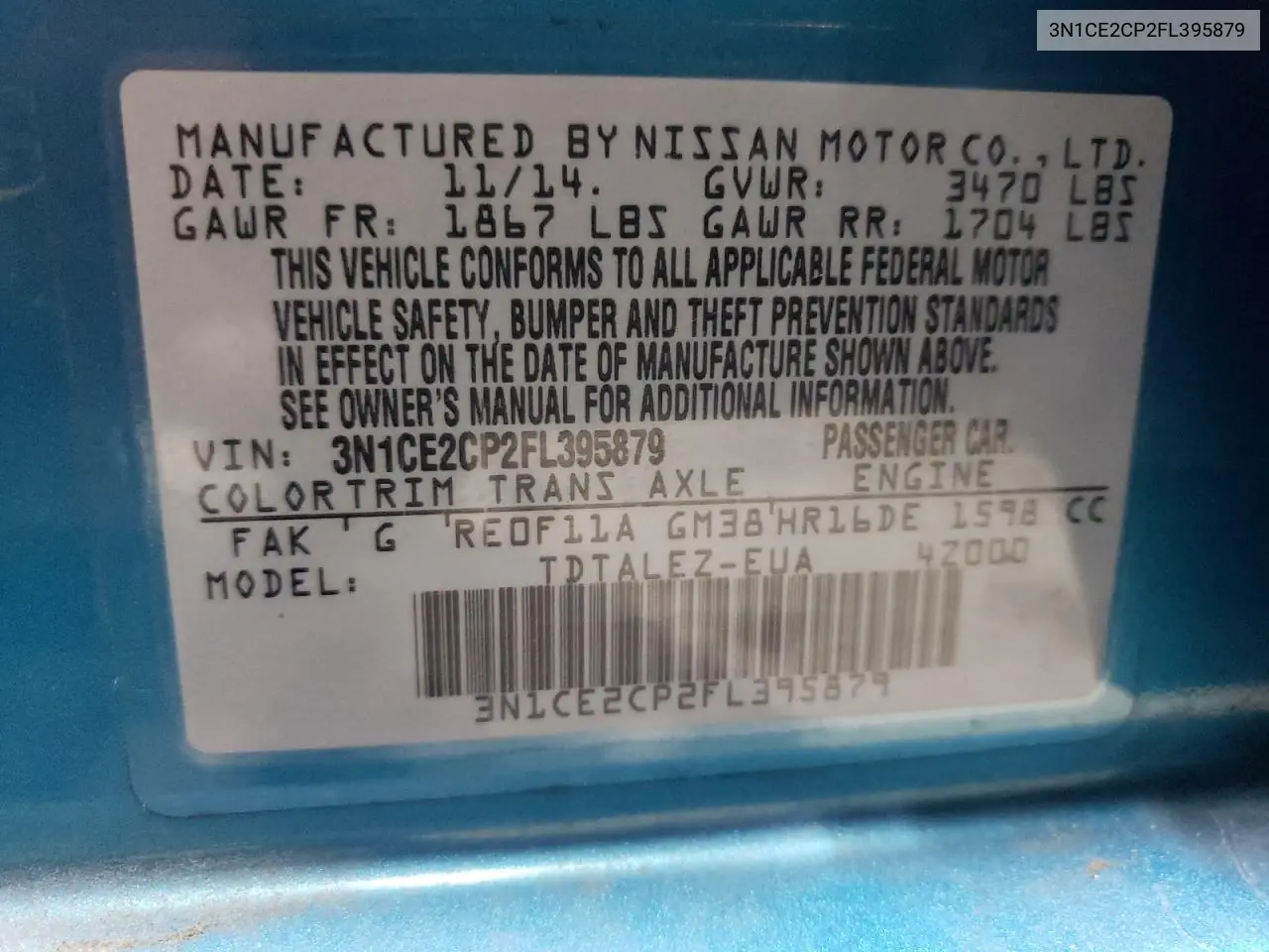 2015 Nissan Versa Note S VIN: 3N1CE2CP2FL395879 Lot: 56378875