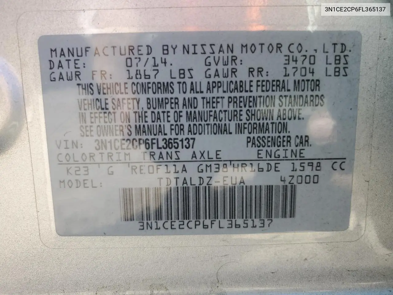 3n1ce2cp6fl365137 3N1CE2CP6FL365137 2015 Nissan Versa Note S