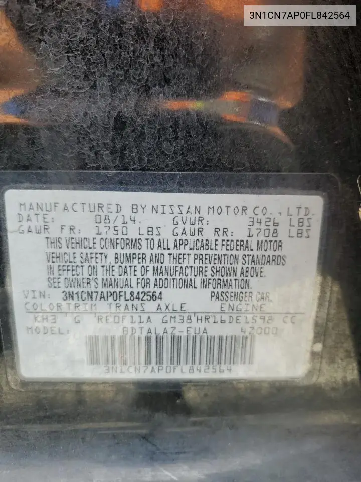 2015 Nissan Versa S VIN: 3N1CN7AP0FL842564 Lot: 63589635