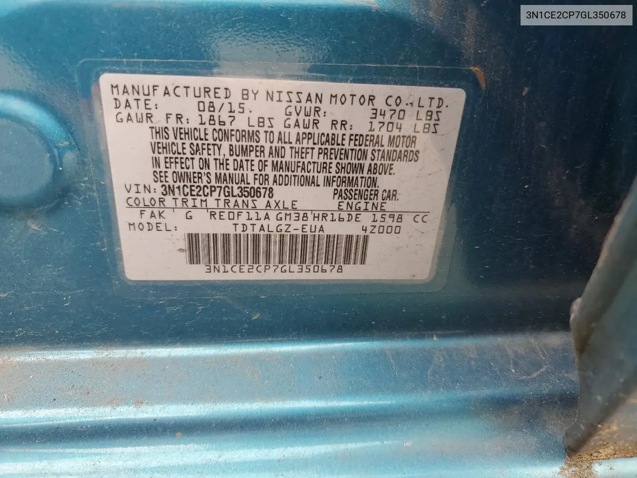 2016 Nissan Versa Note S VIN: 3N1CE2CP7GL350678 Lot: 57083485
