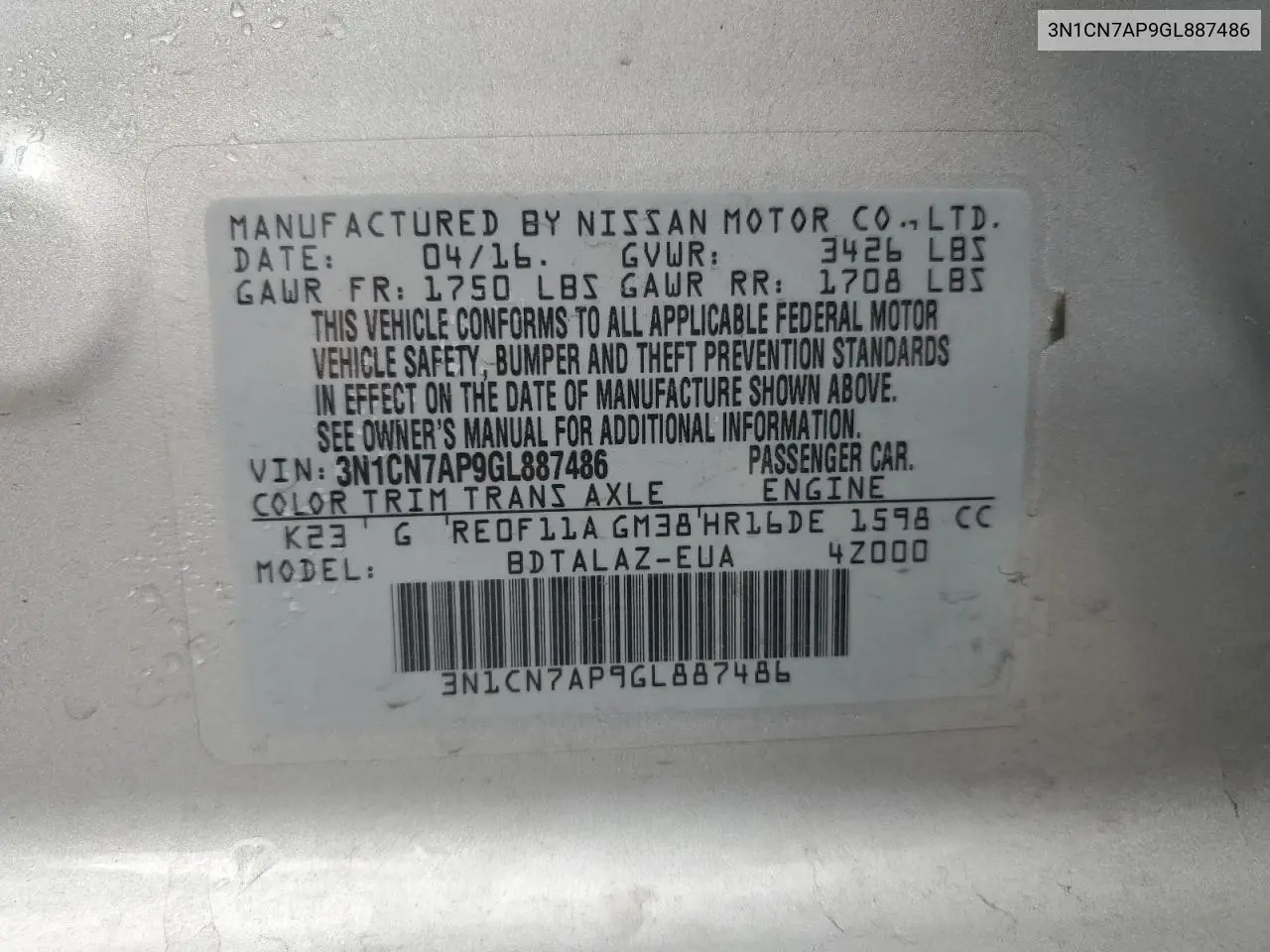 2016 Nissan Versa S VIN: 3N1CN7AP9GL887486 Lot: 63514305