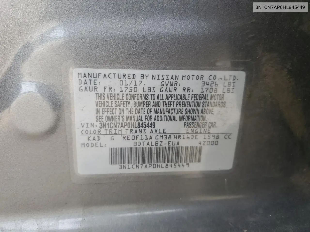 2017 Nissan Versa S VIN: 3N1CN7AP0HL845449 Lot: 56589495