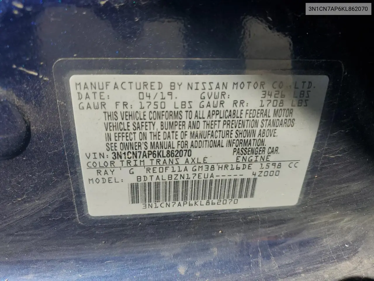 2019 Nissan Versa S VIN: 3N1CN7AP6KL862070 Lot: 63120785