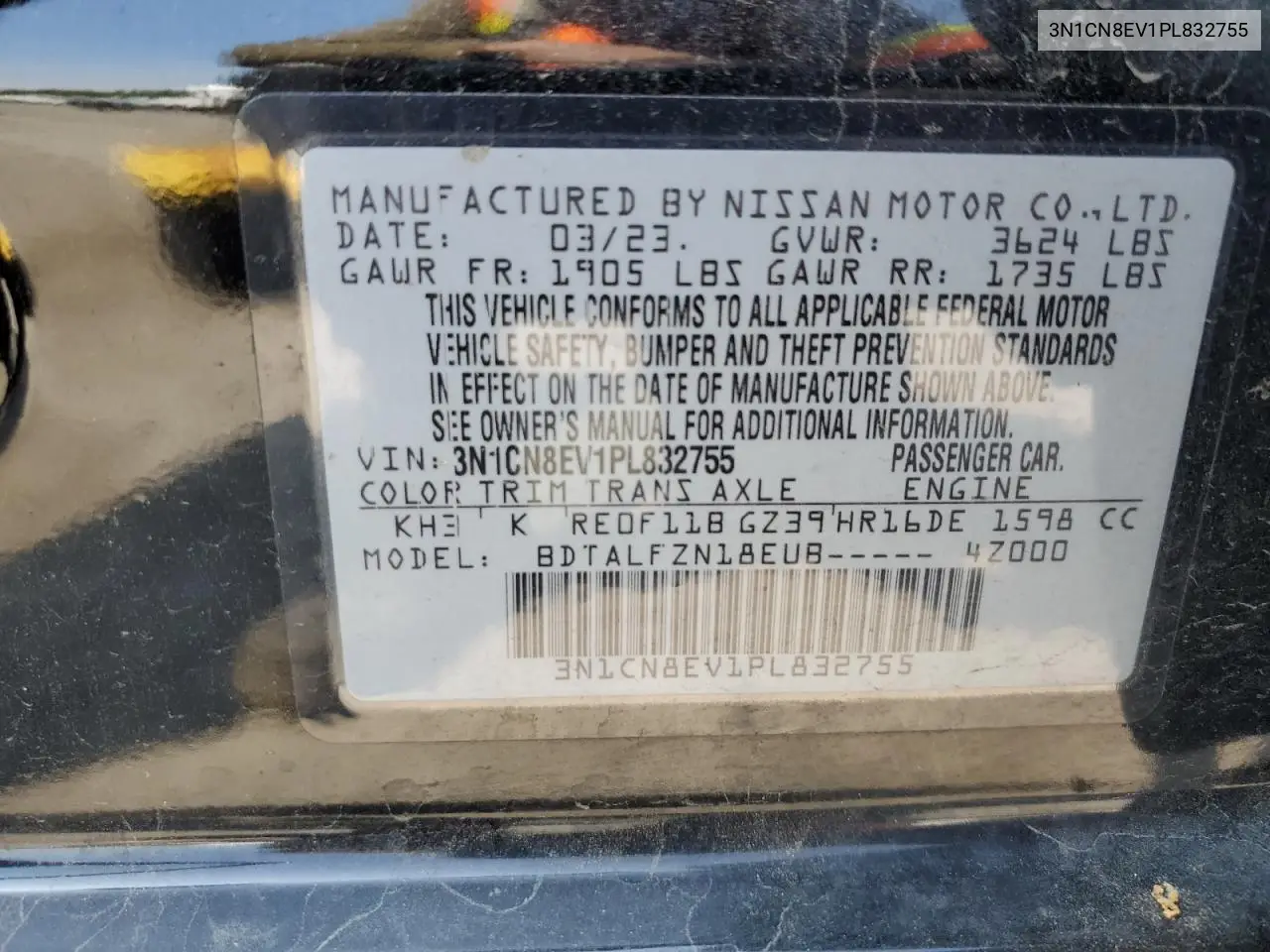 2023 Nissan Versa Sv VIN: 3N1CN8EV1PL832755 Lot: 56221535