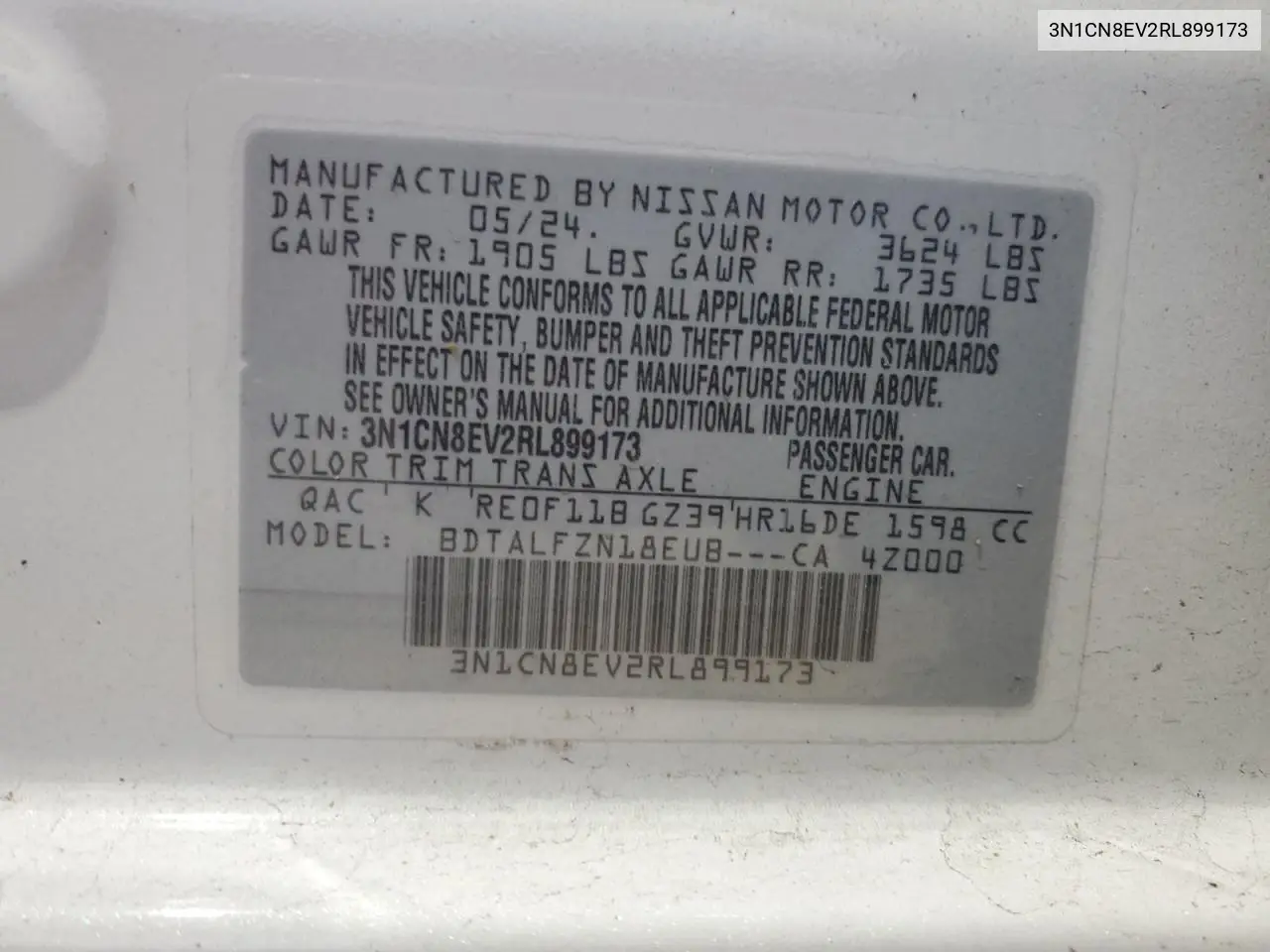2024 Nissan Versa Sv VIN: 3N1CN8EV2RL899173 Lot: 62286495
