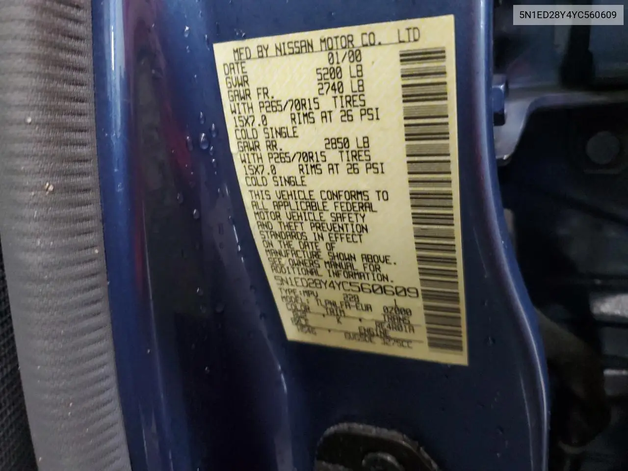 2000 Nissan Xterra Xe VIN: 5N1ED28Y4YC560609 Lot: 62705485