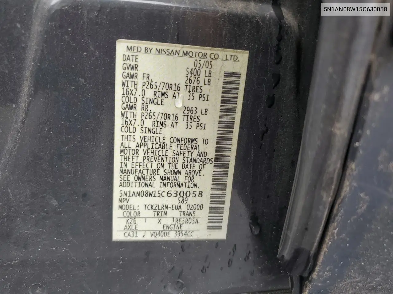2005 Nissan Xterra Off Road VIN: 5N1AN08W15C630058 Lot: 55584625