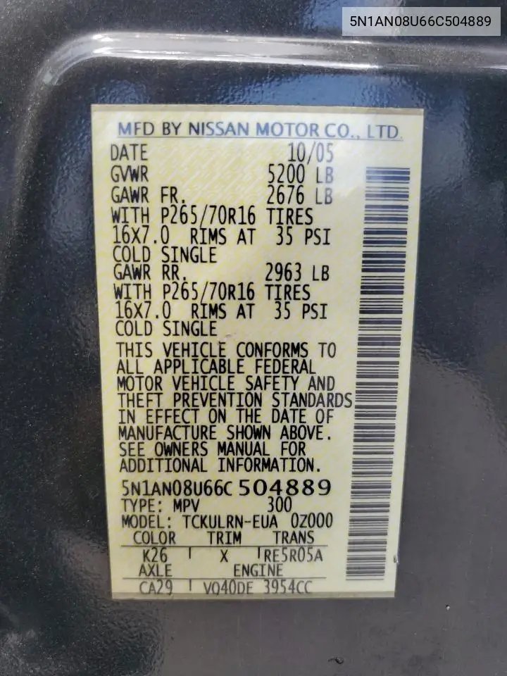 2006 Nissan Xterra Off Road VIN: 5N1AN08U66C504889 Lot: 61170675