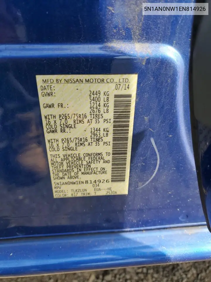 2014 Nissan Xterra X VIN: 5N1AN0NW1EN814926 Lot: 56122515