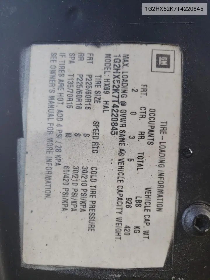1996 Pontiac Bonneville Se VIN: 1G2HX52K7T4220845 Lot: 56144735