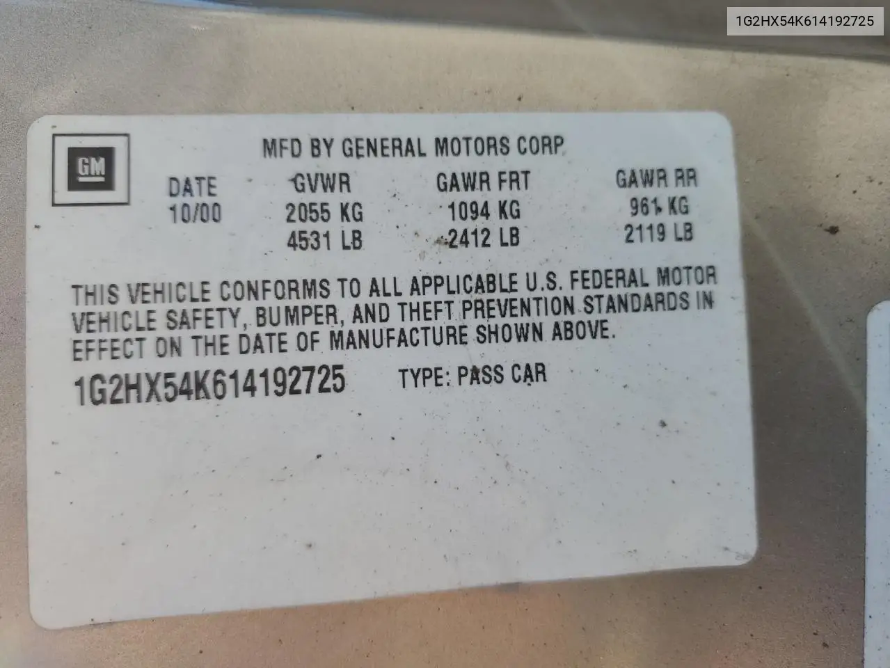 2001 Pontiac Bonneville Se VIN: 1G2HX54K614192725 Lot: 63103965