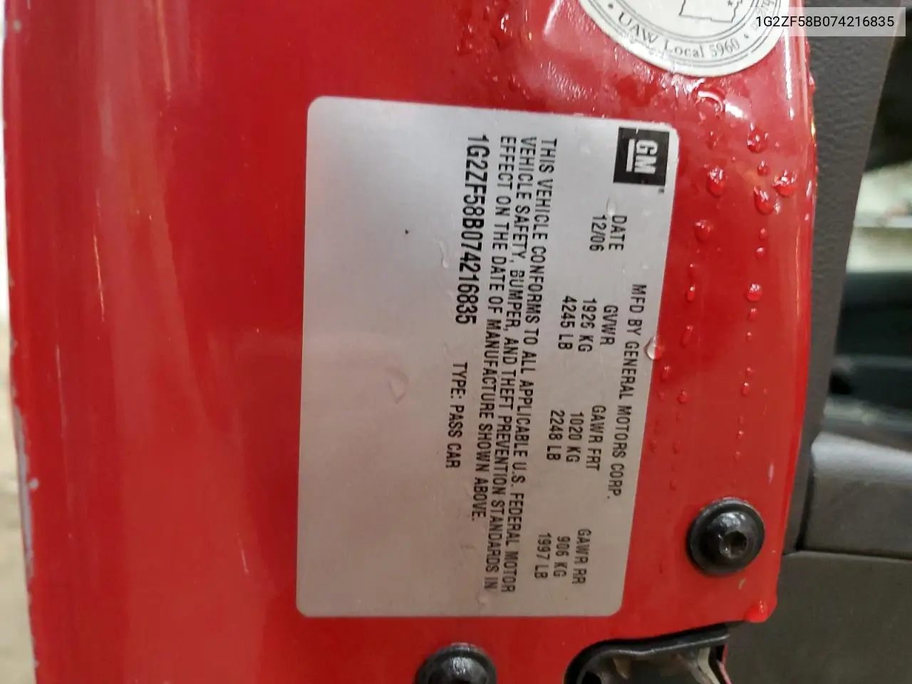 2007 Pontiac G6 Value Leader VIN: 1G2ZF58B074216835 Lot: 54579225