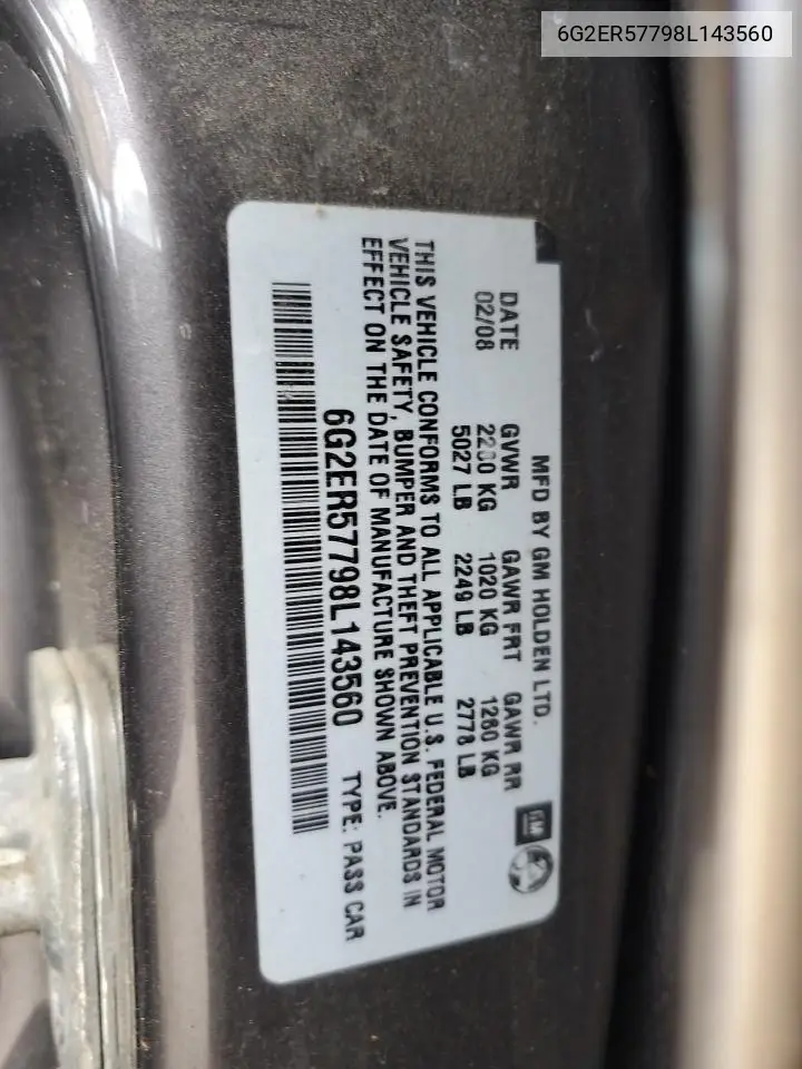 2008 Pontiac G8 VIN: 6G2ER57798L143560 Lot: 47386605