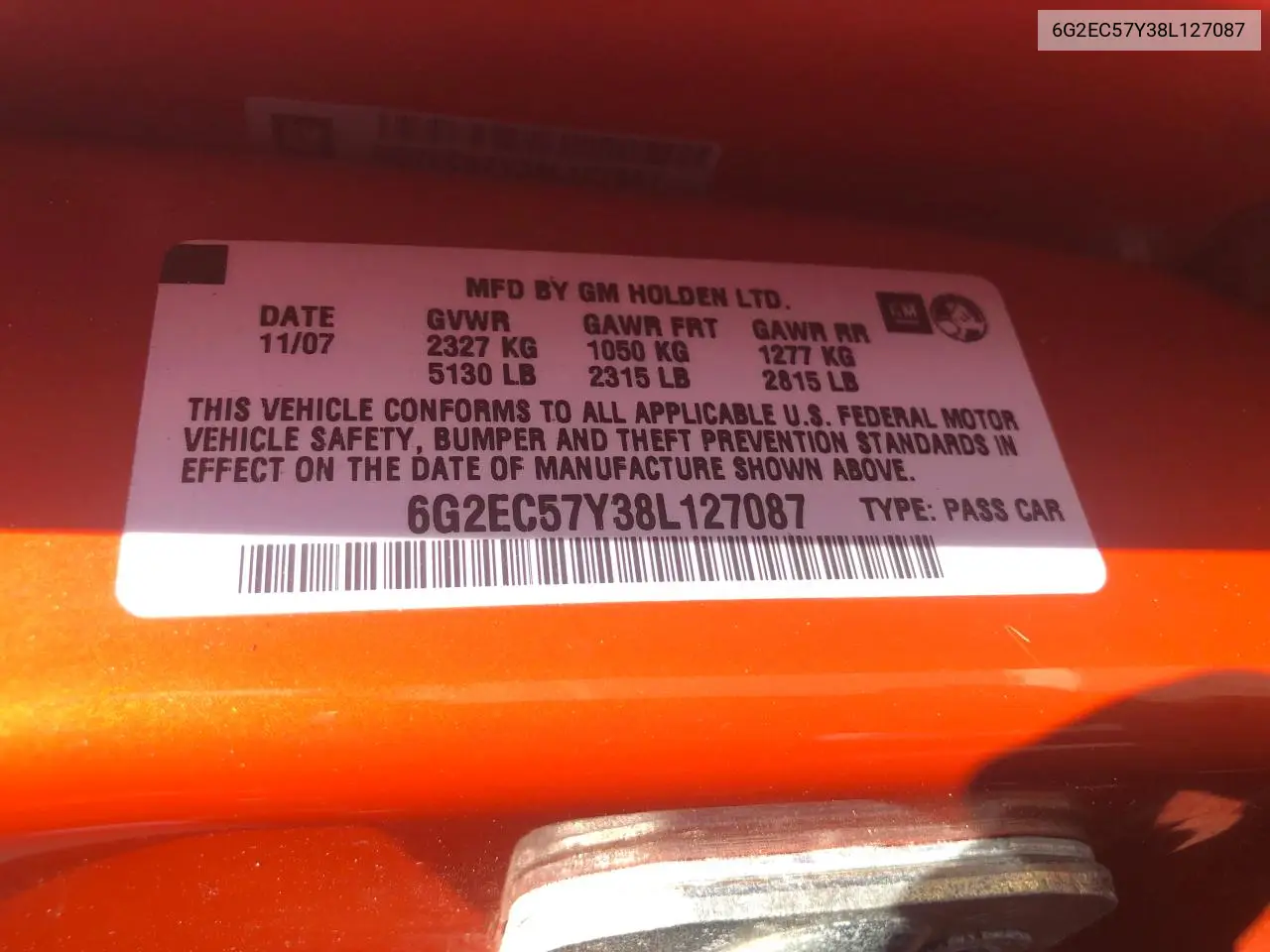 2008 Pontiac G8 Gt VIN: 6G2EC57Y38L127087 Lot: 63264625