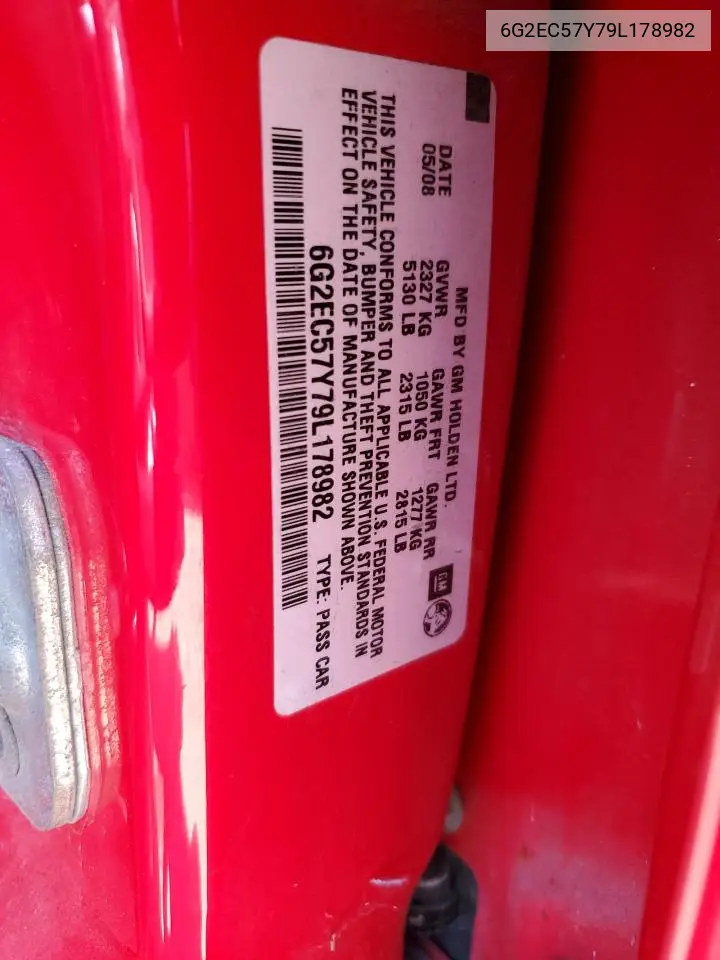 2009 Pontiac G8 Gt VIN: 6G2EC57Y79L178982 Lot: 54266995