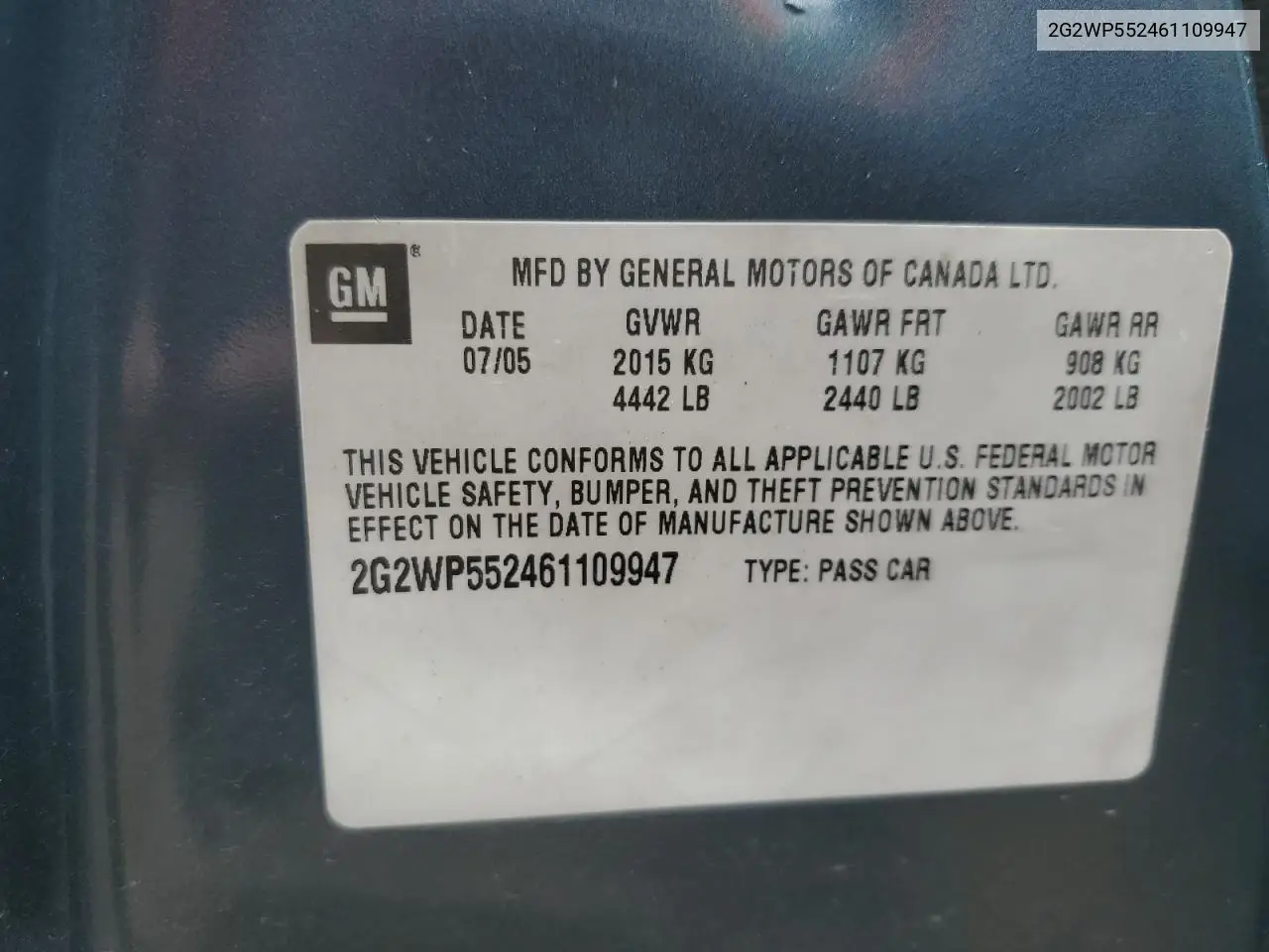 2006 Pontiac Grand Prix VIN: 2G2WP552461109947 Lot: 54603355