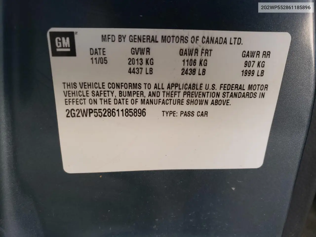 2006 Pontiac Grand Prix VIN: 2G2WP552861185896 Lot: 60627935