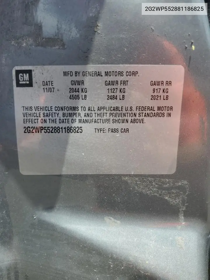2008 Pontiac Grand Prix VIN: 2G2WP552881186825 Lot: 62163405