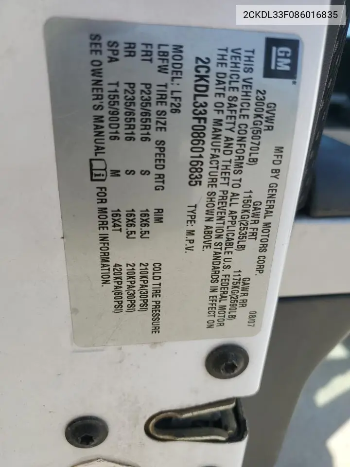 2008 Pontiac Torrent VIN: 2CKDL33F086016835 Lot: 52447865